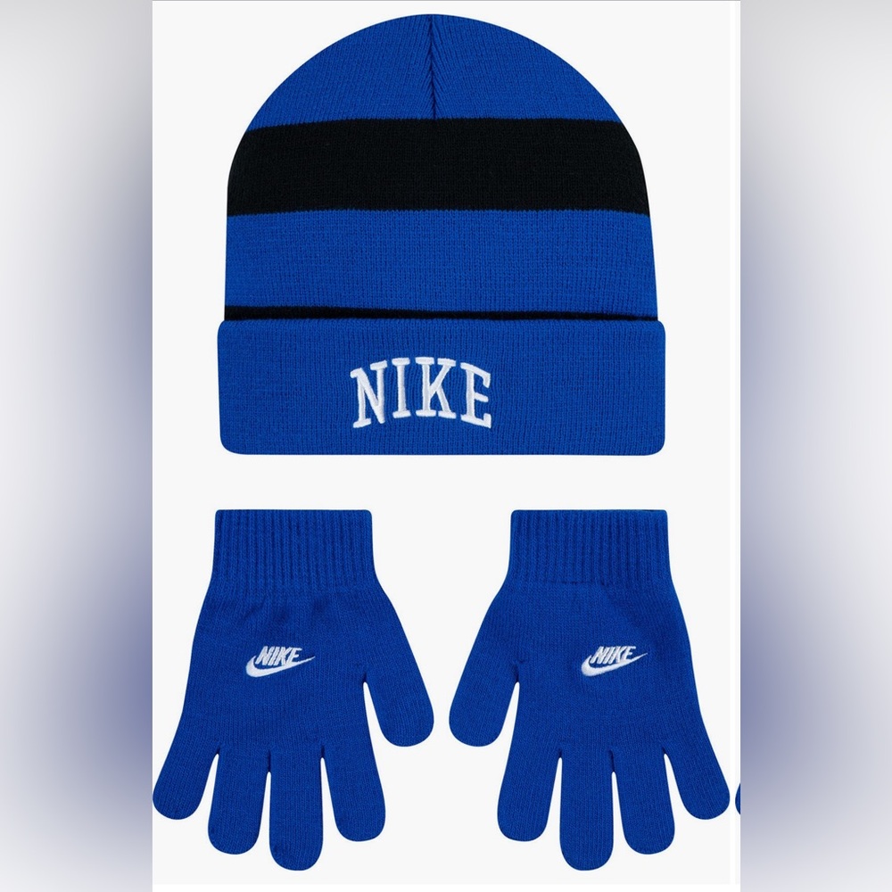 Nike Chunky Stripe Beanie and Gloves in Game Royal Blue and Black